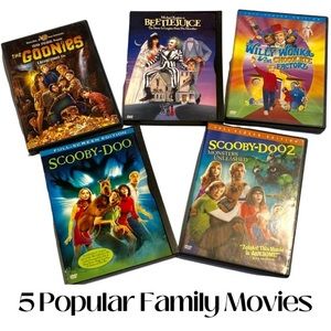 5 Popular Family DVDs EUC Scooby Doo 1 & 2 Willy Wonka Goonies Beetlejuice